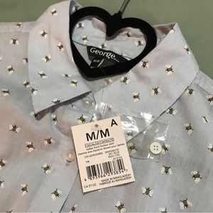 NWT Ladies Size M Light Blue Bee Button Front Casual Long Sleeve Dress Shirt